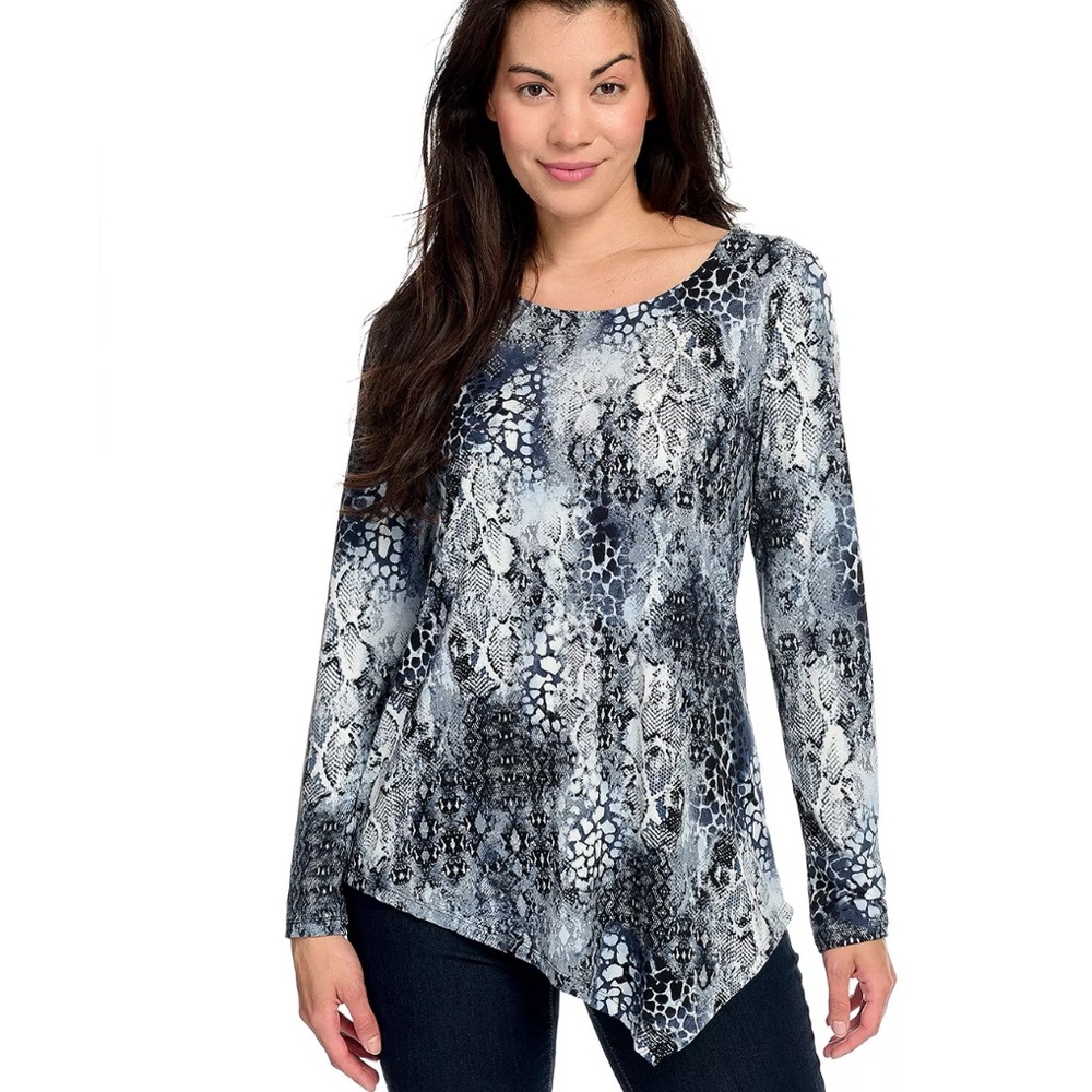 Women’s One World Knit Long Sleeve Embellished & Animal Printed Asymmetrical Top
